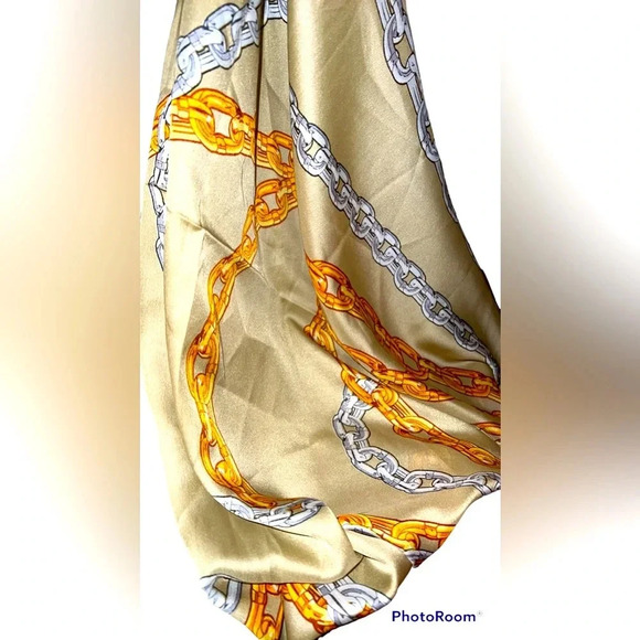 Vintage Carre 90’s Pattern twirl beige orange design silky  Long scarf - Picture 1 of 11